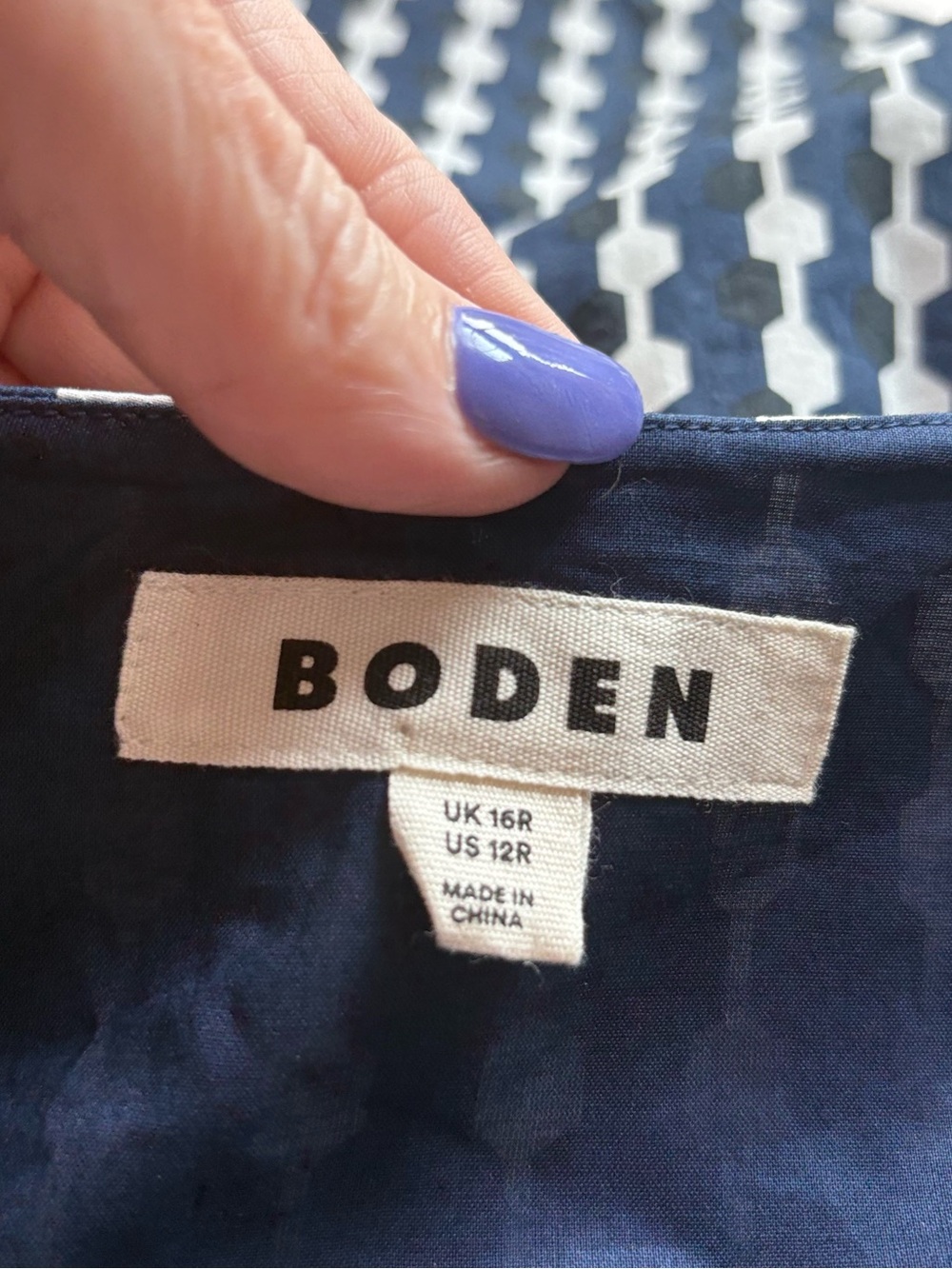 Boden Scoop Neck Shift Dress 12R Navy Geo Azure Cotton Geometric Mini - Picture 6 of 7